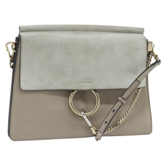Authentic Chloe Fay Shoulder Bag Suede Leather Gray Gold